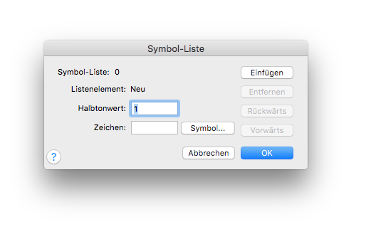 Dialogbox Symbol-Liste